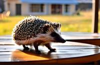 【画像素材】公園のテーブルの上を歩くハリネズミ