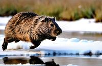 【画像素材】氷上を飛び跳ねるヌートリア