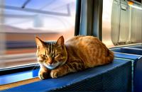 【画像素材】電車の中でまったりするネコ