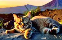【画像素材】夕日に照らされてまったりとくつろぐネコ