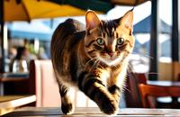 【画像素材】レストランのテーブルの上を歩くネコ