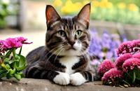 【画像素材】花に囲まれたネコ
