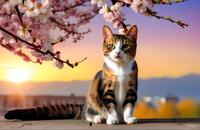 【画像素材】夕暮れに桜の木の下でたたずむネコ