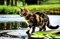 【画像素材】ネコが池のほとりで佇む