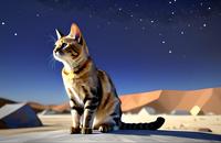 【画像素材】砂漠の夜空を見上げるネコ