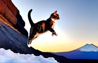 【画像素材】ネコが富士山を飛び越える