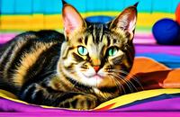 【画像素材】虹色の世界でくつろぐネコ
