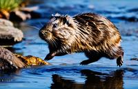 【画像素材】湖を飛び越えるヌートリア