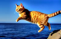【画像素材】ネコが海に向かってジャンプ