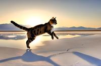 【画像素材】ネコが雪の上を飛び跳ねる