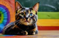 【画像素材】虹色の世界を見つめるネコ