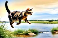 【画像素材】ネコが川の上をジャンプ