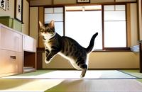 【画像素材】ネコが畳の上でジャンプしている様子