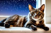 【画像素材】窓辺で夜空を見上げるネコ