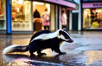 【画像素材】雨上がりの夜道に佇むスカンク