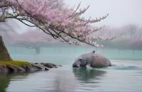 【画像素材】桜の咲く池で泳ぐジュゴン