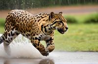 【画像素材】ジャガーが雨の中を疾走