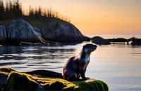 【画像素材】夕暮れ時に岩の上で佇むカワウソ