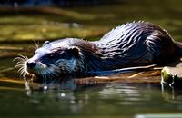 【画像素材】カワウソが水辺で餌を探す