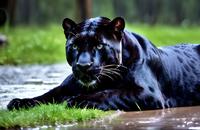 【画像素材】雨上がりのクロヒョウ