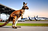 【画像素材】空港で飛行機を見つめるカンガルー