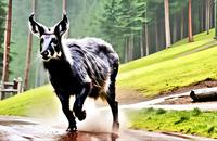 【画像素材】雨上がりの道を駆けるカモシカ