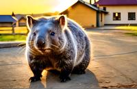 【画像素材】夕暮れ時に住宅街を歩くウォンバット