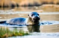 【画像素材】氷河を悠々と泳ぐアザラシ